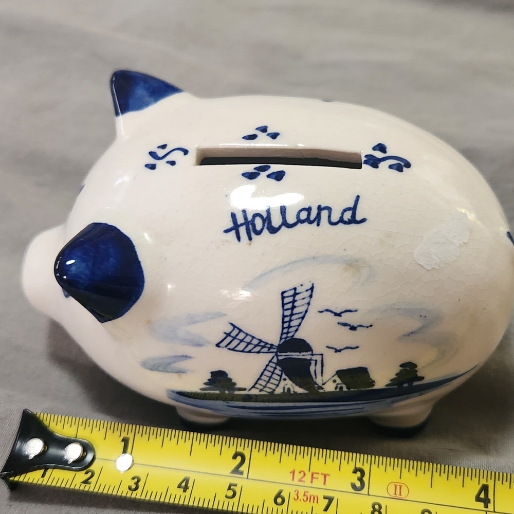 Vintage collectible Floral Blue Hanpainted Holland piggy bank